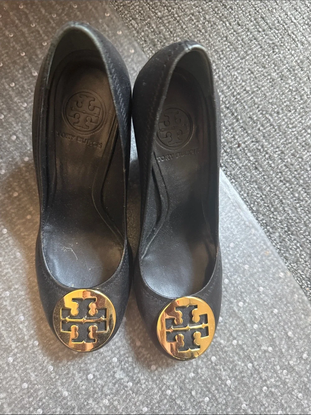 Tory Burch Black Leather Wedges with Gold Logo Medallion